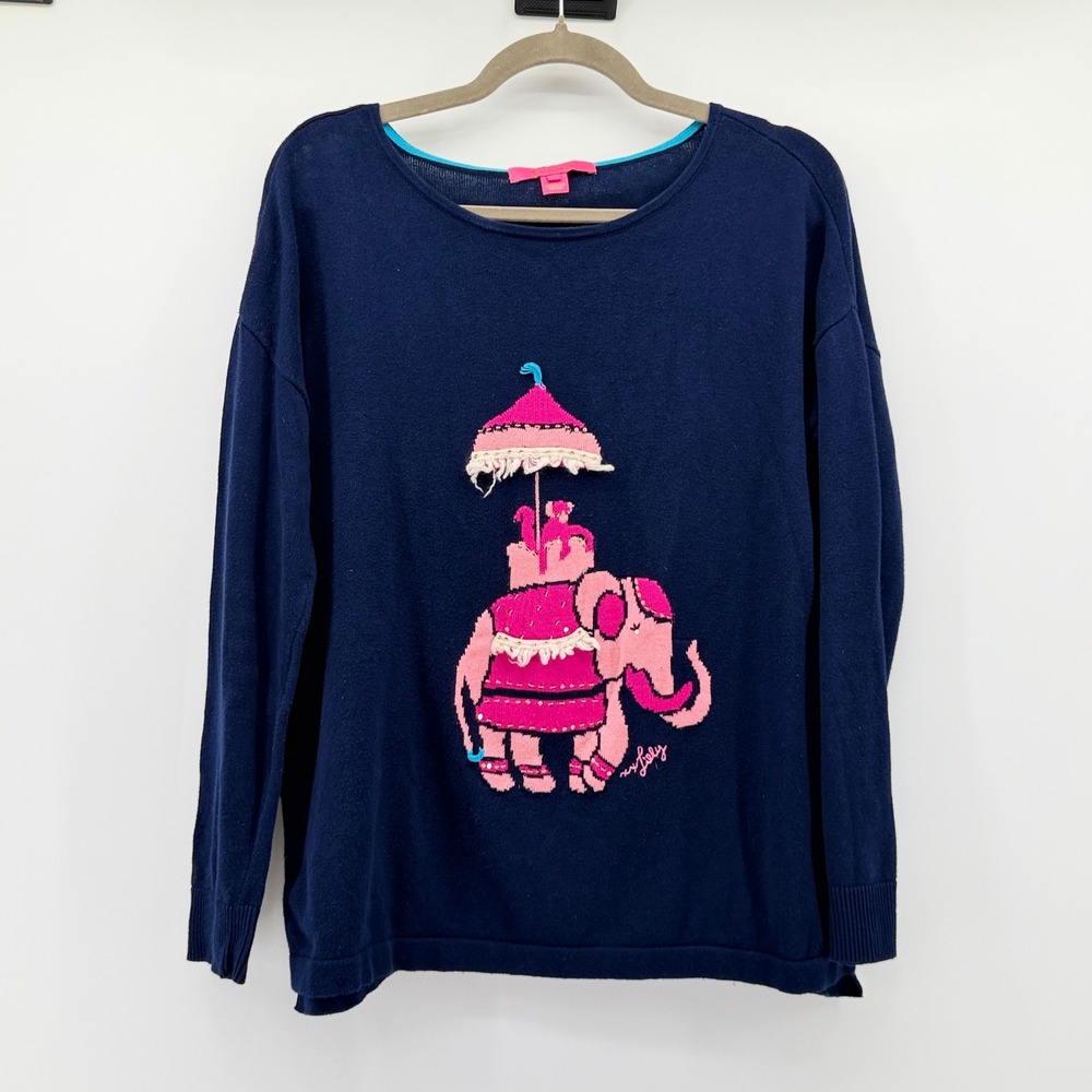 Lilly Pulitzer Caralynn sweater Navy Blue Pink Elephant Embroidered Smal